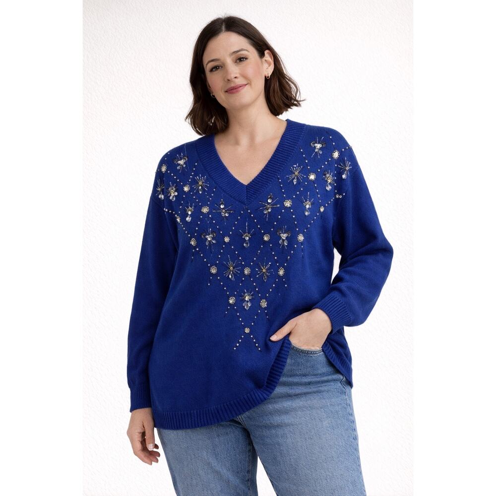 Cervelle Blue Embellished Sweater Holiday NYE Elegant Party Womens‎ Large